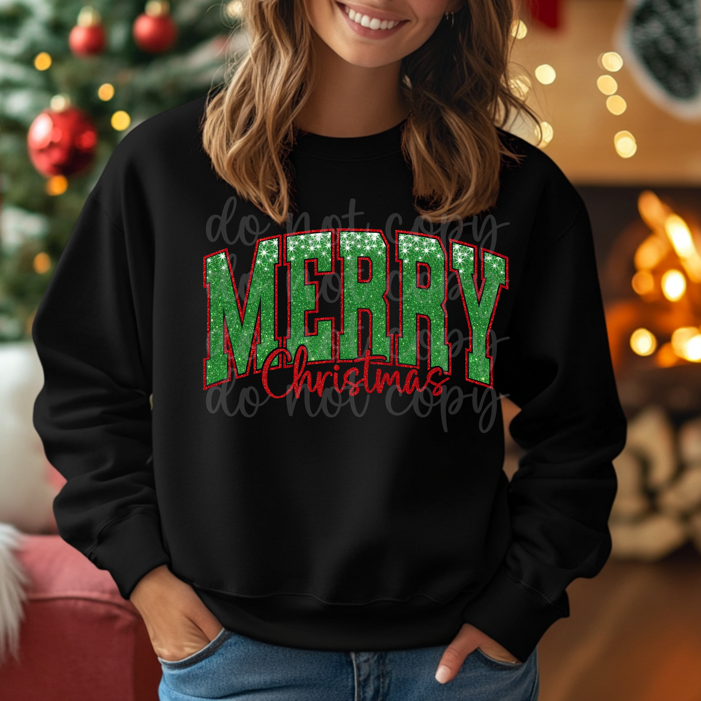 Merry Christmas Red and Green Faux Glitter PNG