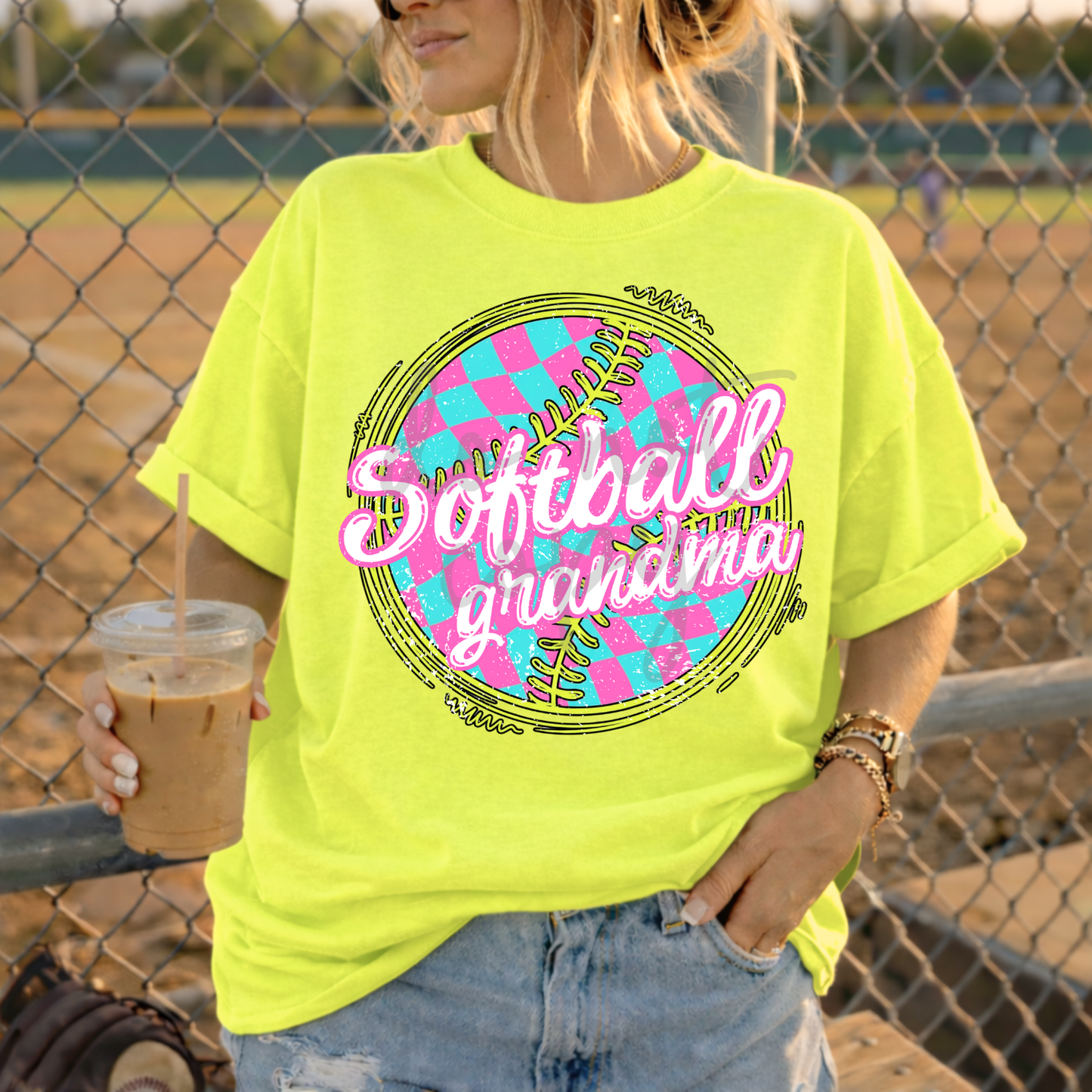 Parker & Jo™ Design Co. | Checkered pink & teal softball grandma png