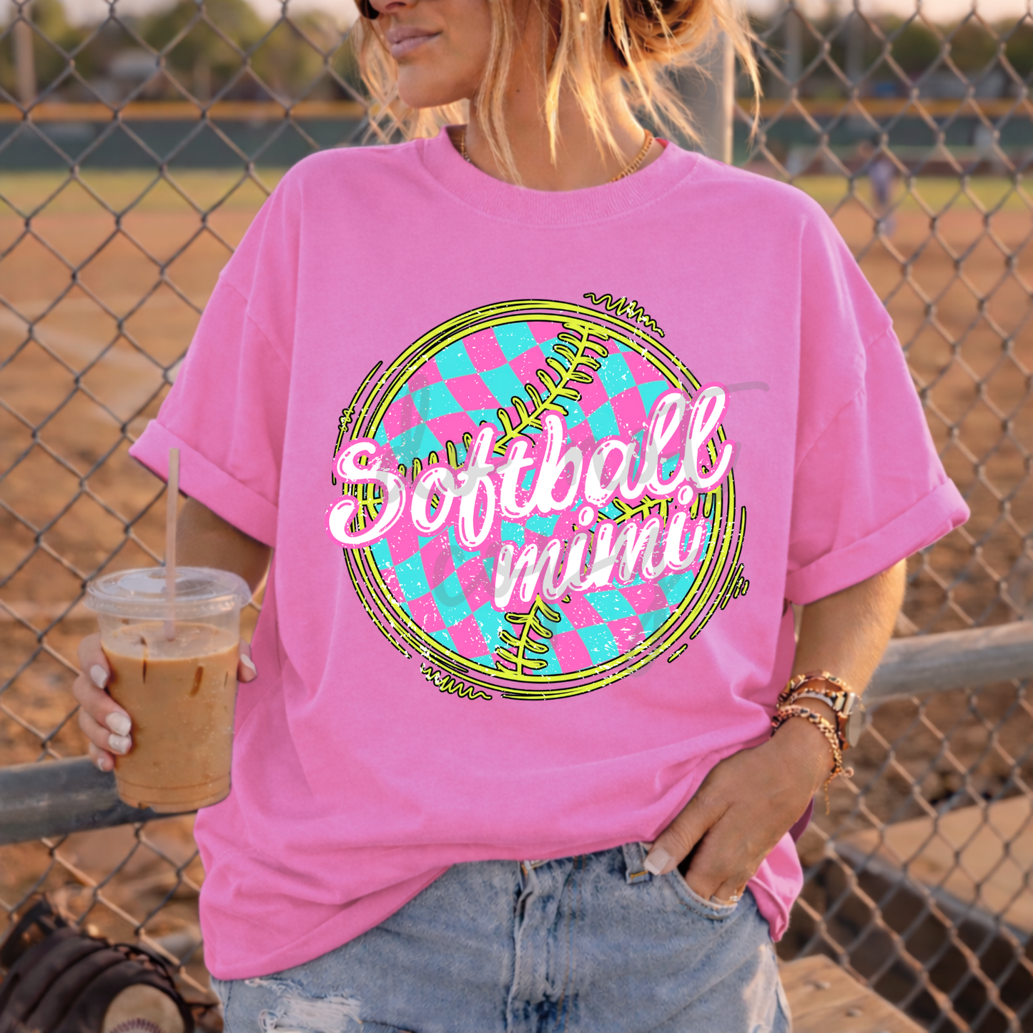 Parker & Jo™ Design Co. | Checkered pink & teal softball mimi png