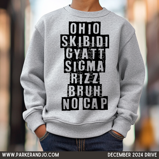 Ohio Skibidi Gyatt Sigma Rizz Bruh No Cap text PNG