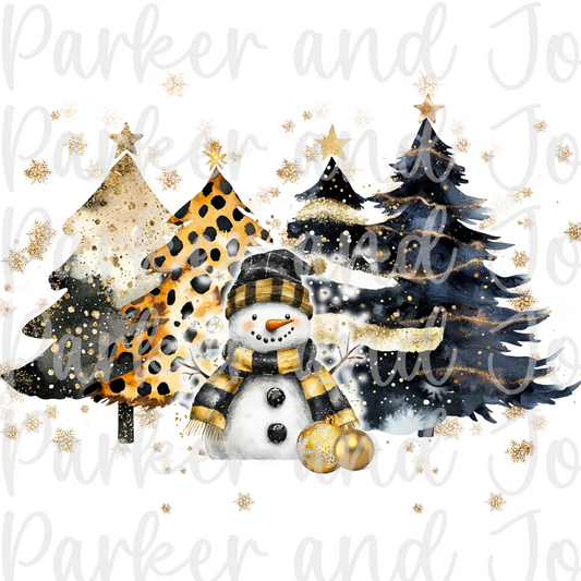 Black and Glitter Snowman with Trees PNG