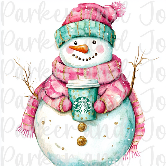 Pink & Teal Snowman with Starbucks Cup PNG