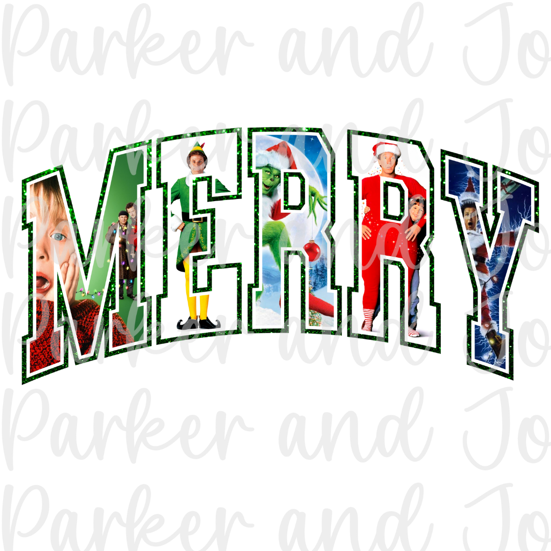 Merry Christmas Movies Green Glitter Outline PNG