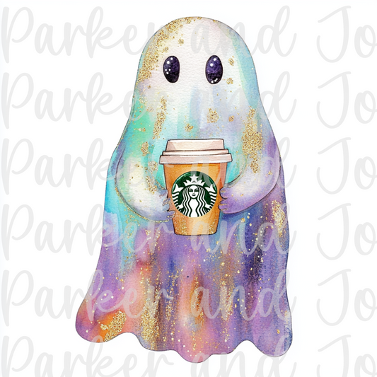 Adorable Pastel Glitter Ghost with Starbucks Coffee Cup PNG