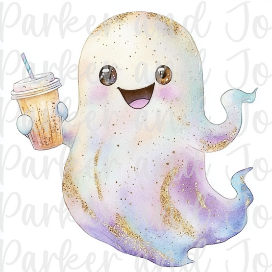 Cute Ghost with Iced Coffee PNG