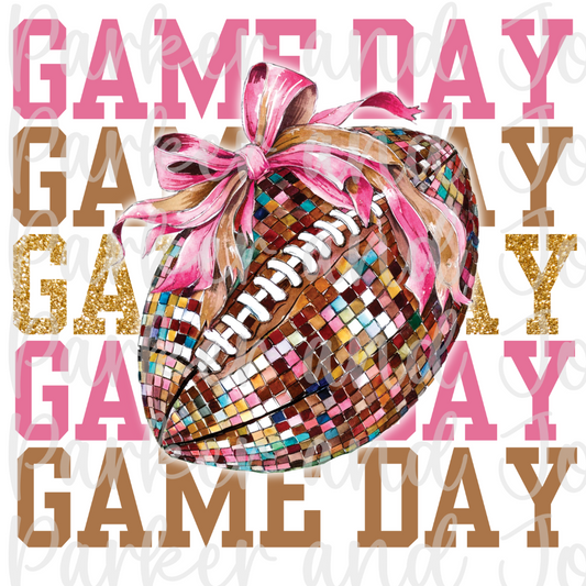 Pink & Gold Game Day Glitter Football Coquette Bow PNG File