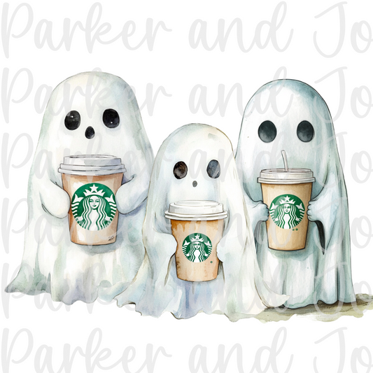 Halloween Watercolor Cute Ghosts with Starbucks PNG