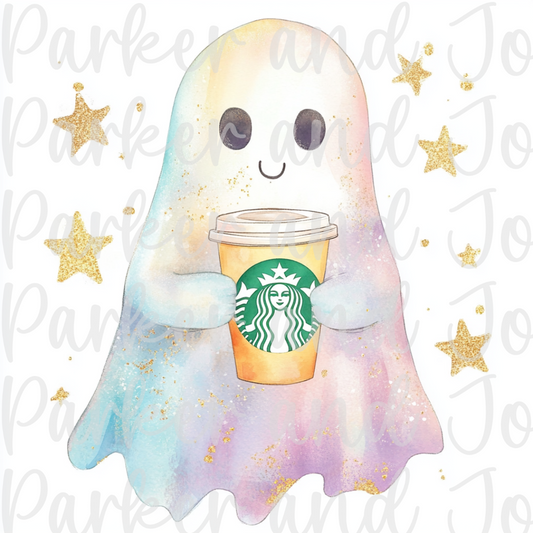 Cute Ghost and Gold Stars with Starbucks Coffee Cup PNG