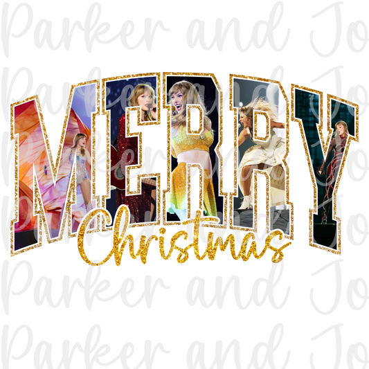 Merry Christmas Eras Tour Gold Glitter Outline PNG