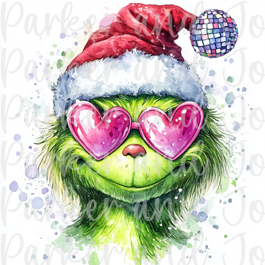 Watercolor Grinch Face with Pink Heart Sunglasses