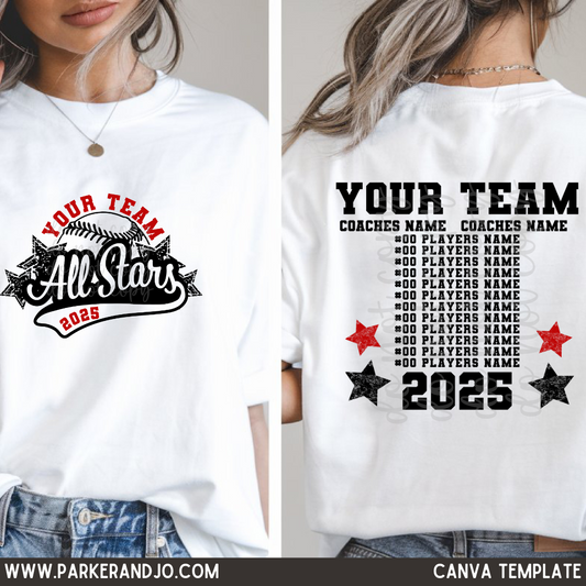 Allstar Baseball Team Canva Template includes front & back designs