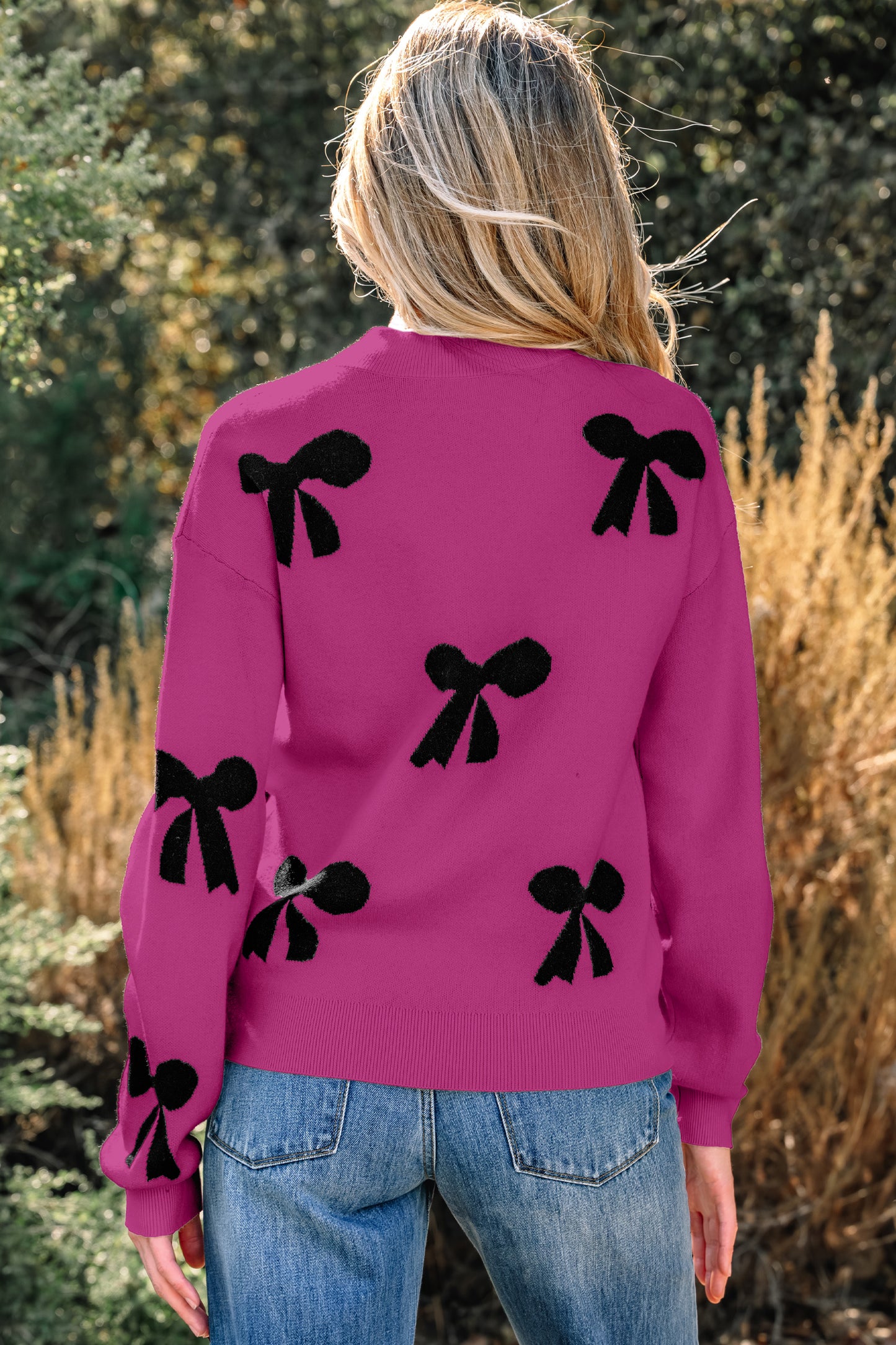 Bright Pink Pearl Embellished Bow Pattern Loose Sweater