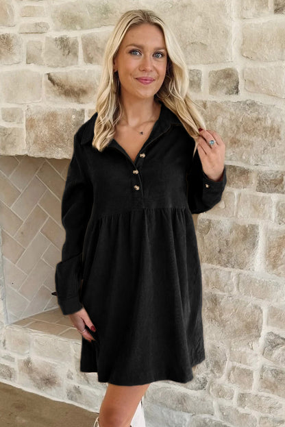 Black Corduroy Half Button Collared Long Sleeve Mini Dress