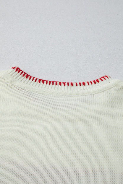 White Bow Pattern Contrast Trim Christmas Loose Graphic Sweater