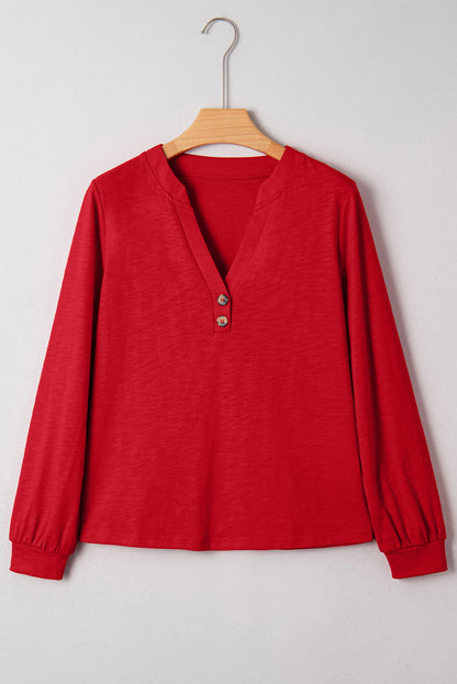 Racing Red Solid Color Button V Neck Long Sleeve Top