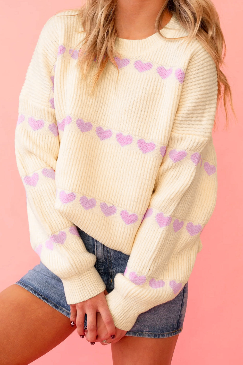 Pink Heart Pattern Valentine Ribbed Knit Sweater