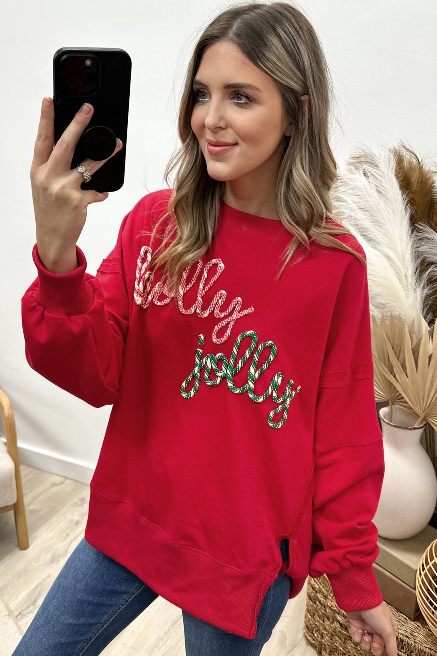 Racing Red Holly Jolly Embroidered Graphic Baggy Sweatshirt