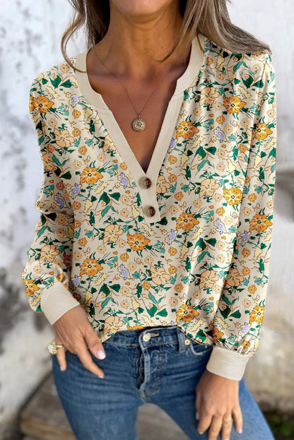 Khaki Floral Print Button Notched V Neck Long Sleeve Top