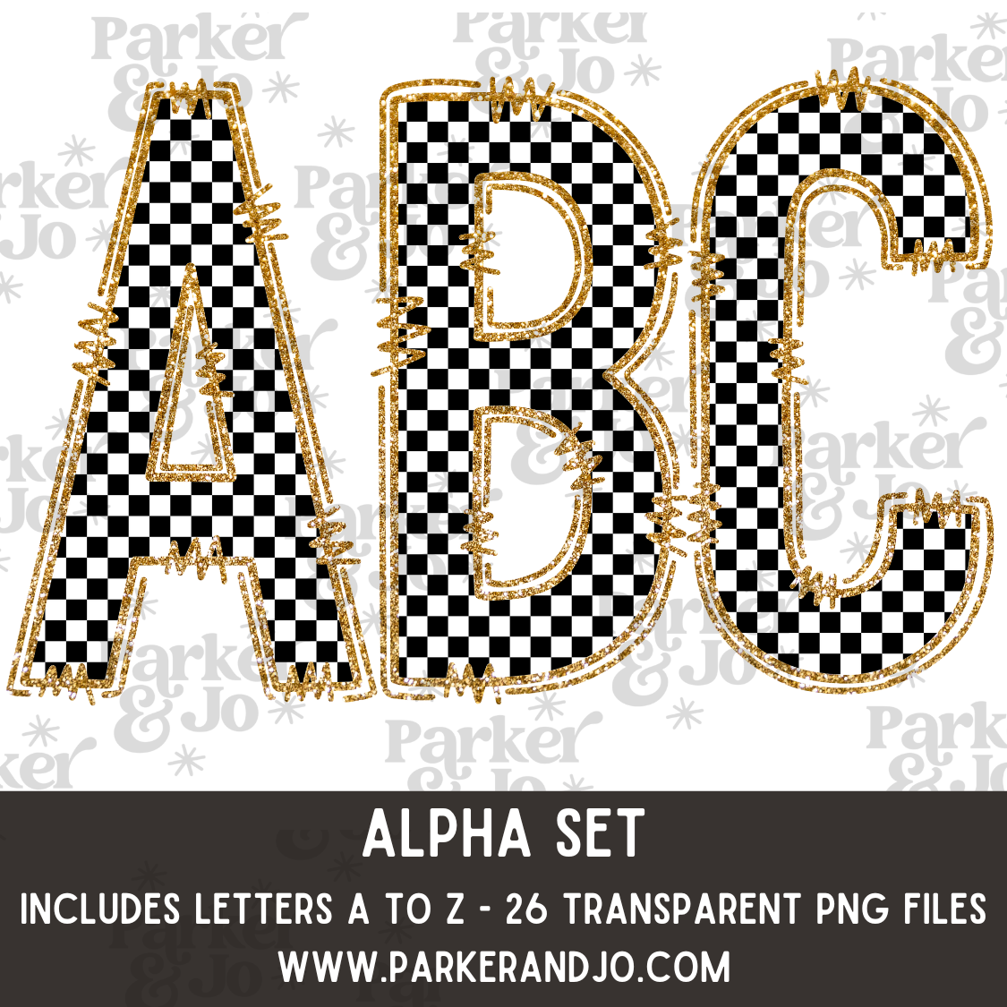 Black White Checkered Gold Glitter Outline Alpha Set