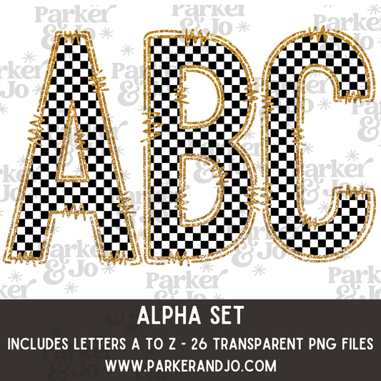 Black White Checkered Gold Glitter Outline Alpha Set