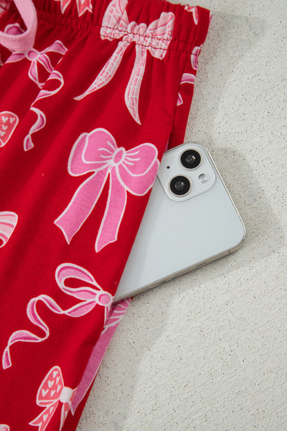 Red Sweet Bow Print Ruffled Short Sleeve Shirt Shorts 2pcs Pajama Set