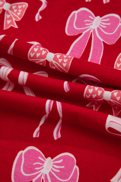 Red Sweet Bow Print Ruffled Short Sleeve Shirt Shorts 2pcs Pajama Set
