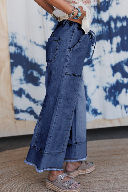 Prussian Blue Drawstring Seam Detail Raw Hem Wide Leg Denim Pants
