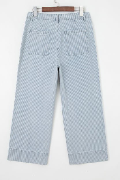 Sky Blue Stripe Button Flap Pocket Cuffed Hem Wide Leg Jeans
