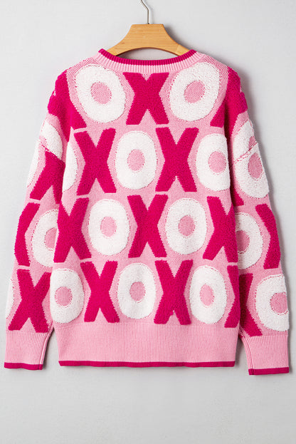 Pink XOXO Pattern Drop Shoulder Crewneck Valentines Sweater