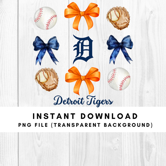 Detroit Tigers Trendy Coquette Bow Baseball PNG File