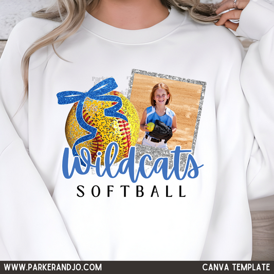 Softball Faux Glitter Bow Photo Frame Canva Template