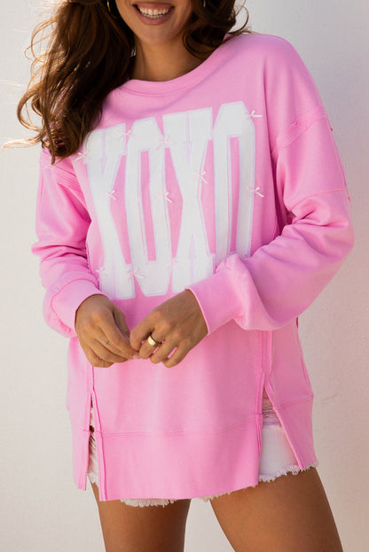 Pink Bow Sequin XOXO Letter Graphic Exposed Seam Baggy Sweatshirt