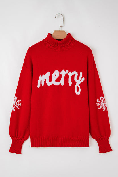 Fiery Red Merry Snowflake Pattern Christmas Turtleneck Sweater