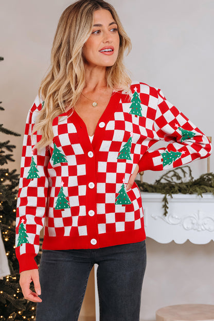 Red Checkered Christmas Tree Pattern Button V Neck Cardigan Sweater