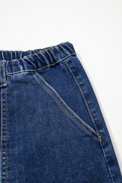 Prussian Blue Drawstring Seam Detail Raw Hem Wide Leg Denim Pants