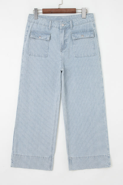 Sky Blue Stripe Button Flap Pocket Cuffed Hem Wide Leg Jeans