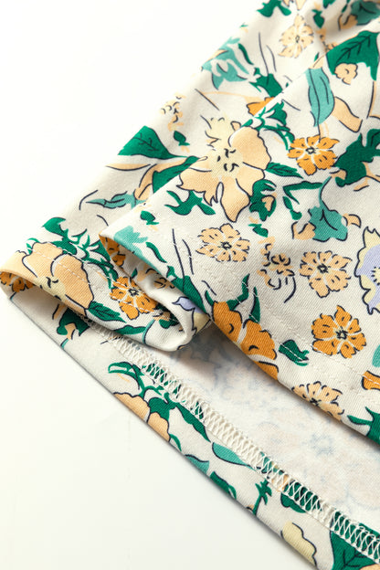 Khaki Floral Print Button Notched V Neck Long Sleeve Top