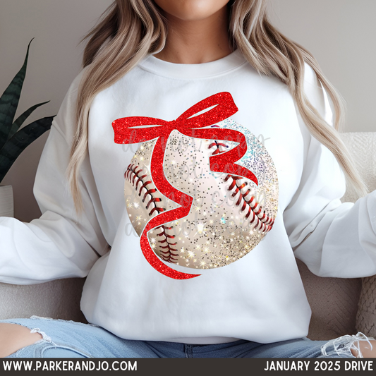 Faux Glitter Baseball with Red Bow PNG