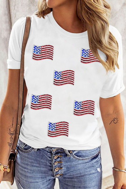 White Sequin American Flag Patched Casual T Shirt