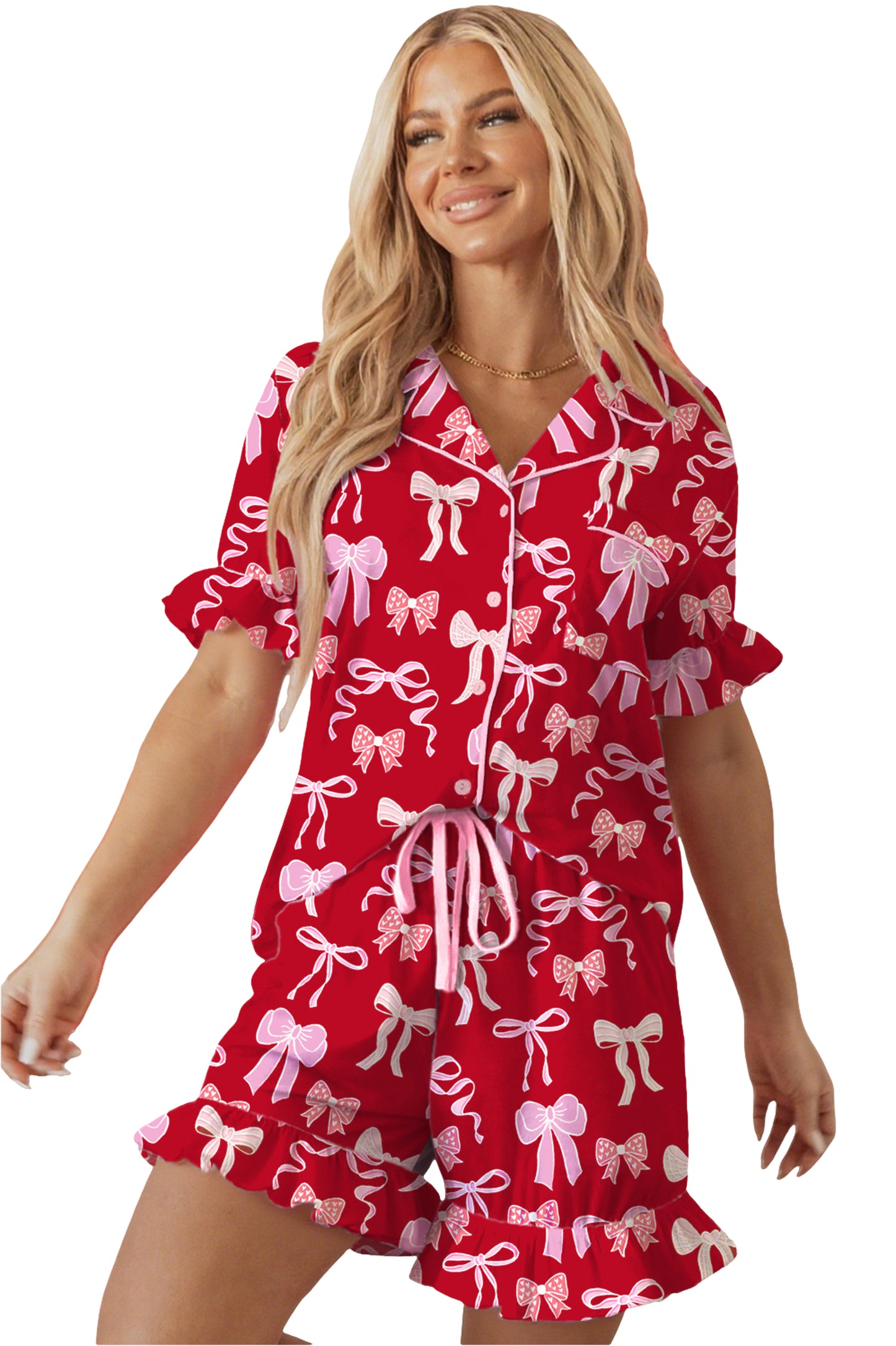 Red Sweet Bow Print Ruffled Short Sleeve Shirt Shorts 2pcs Pajama Set