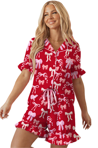 Red Sweet Bow Print Ruffled Short Sleeve Shirt Shorts 2pcs Pajama Set