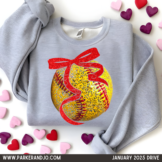 Faux Glitter Softball with Red Bow PNG