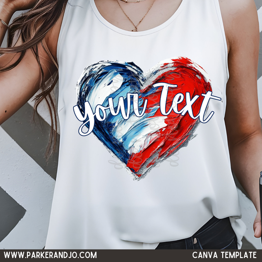 Red, White, and Blue Painted Heart Custom Text Canva Template