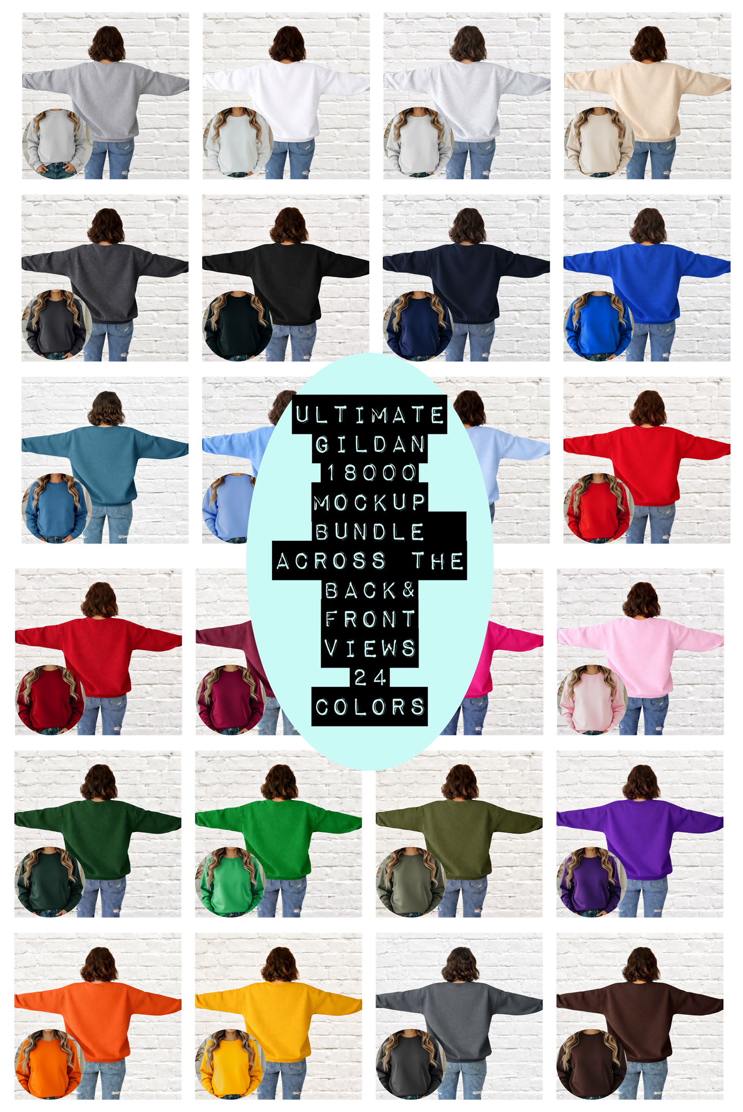 Gildan 18000 Sweatshirt Mockup Bundle FRONT and Back Views - 24 Colors