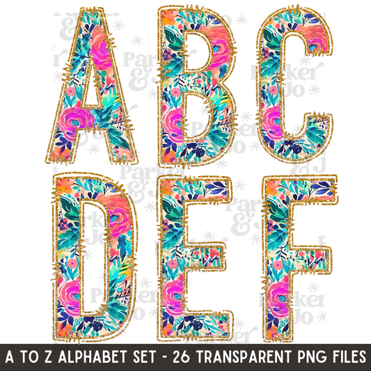 Preppy Floral Gold Glitter Outline Alpha Set