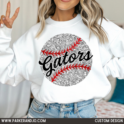 CUSTOM - Faux Glitter Silver Baseball Or Softball with team or mascot png