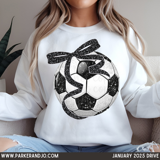 Faux Glitter Soccer Ball with Black Bow PNG