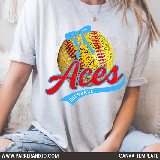 Softball Faux Glitter with Bow Team Canva Template